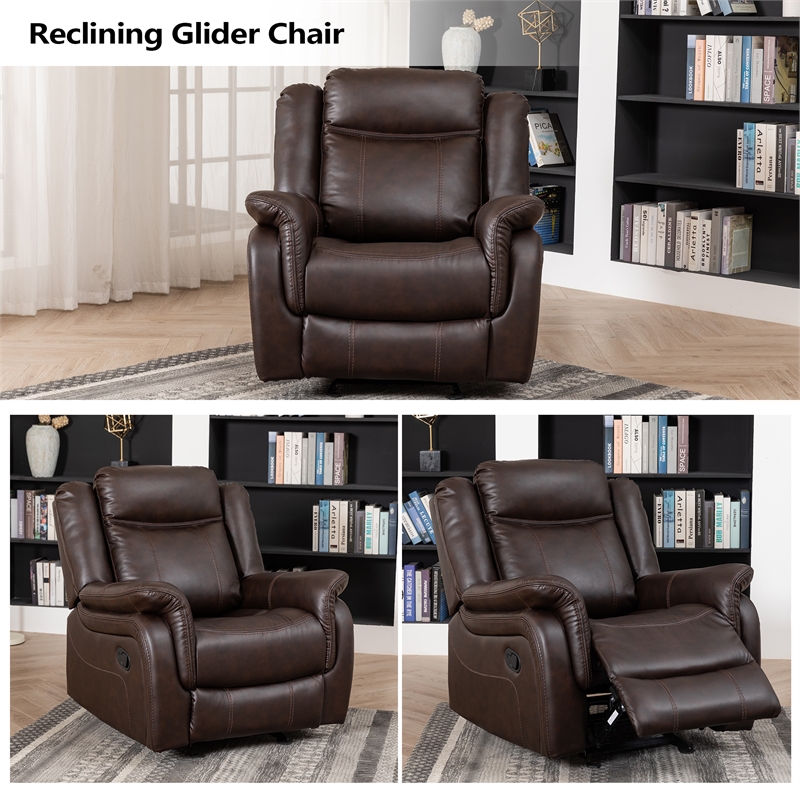 GOOEEN 3-Piece Living Room Set Brown Faux Leather Reclining Sofa Loveseat Chair