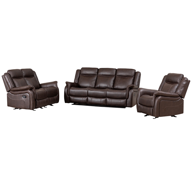 GOOEEN 3-Piece Living Room Set Brown Faux Leather Reclining Sofa Loveseat Chair