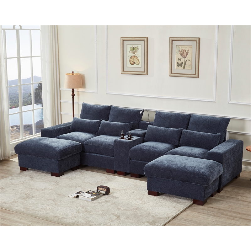 GOOEEN Modern Sectional Sofa Chenille Living Room Set with Console Dark Grey