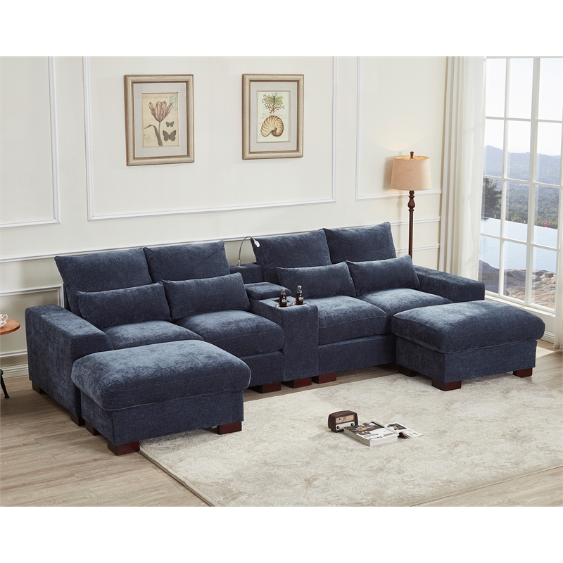 GOOEEN Modern Sectional Sofa Chenille Living Room Set with Console Dark Grey