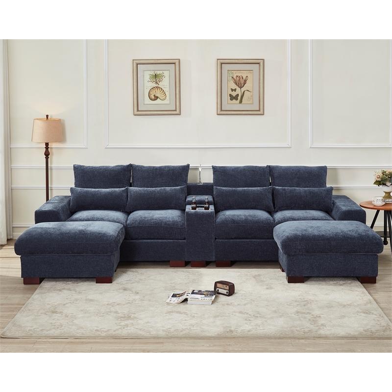 GOOEEN Modern Sectional Sofa Chenille Living Room Set with Console Dark Grey
