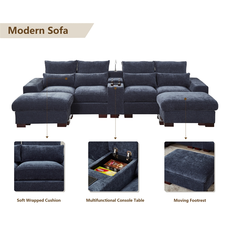 GOOEEN Modern Sectional Sofa Chenille Living Room Set with Console Dark Grey