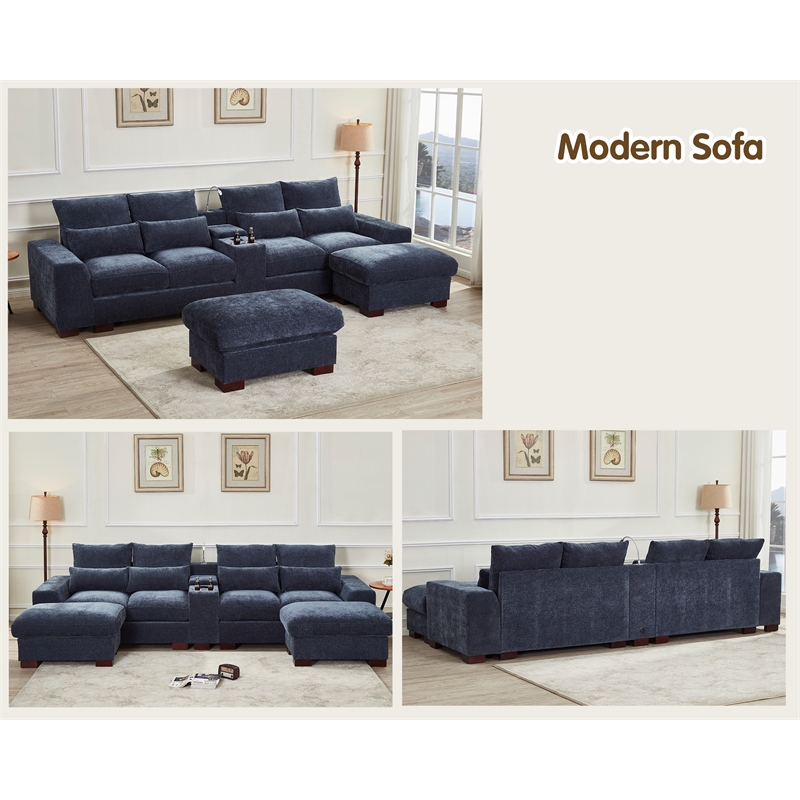 GOOEEN Modern Sectional Sofa Chenille Living Room Set with Console Dark Grey