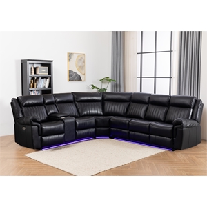Power Reclining Sectional Faux Leather Sofa Speaker LED Strip Black