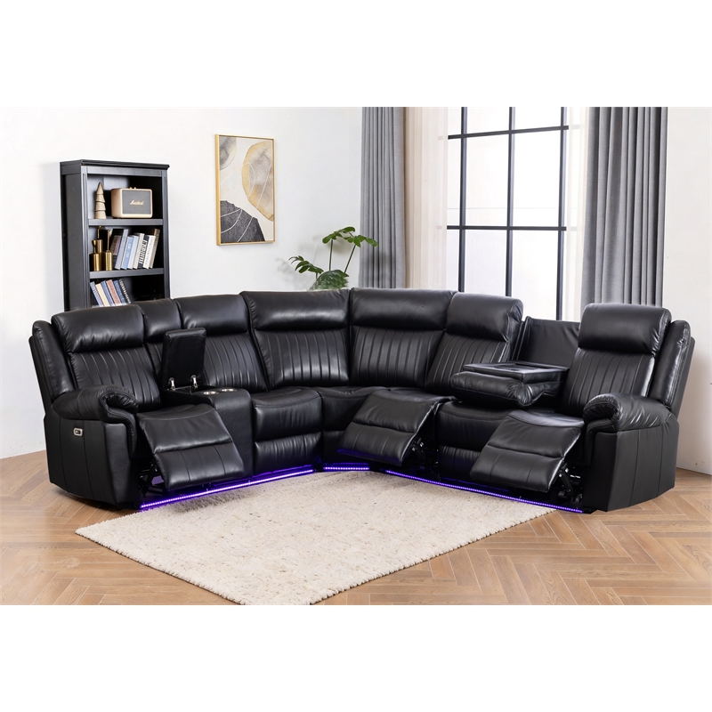 Power Reclining Sectional Faux Leather Sofa Speaker LED Strip Black