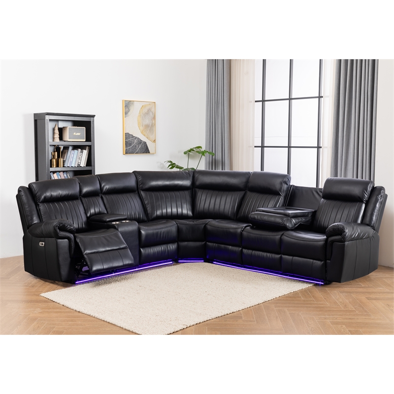 Power Reclining Sectional Faux Leather Sofa Speaker LED Strip Black