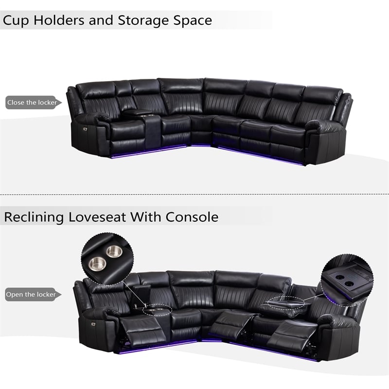 GOOEEN 6-Seater Electric Recliner Sofa Modern Faux Leather Living Room Set Black