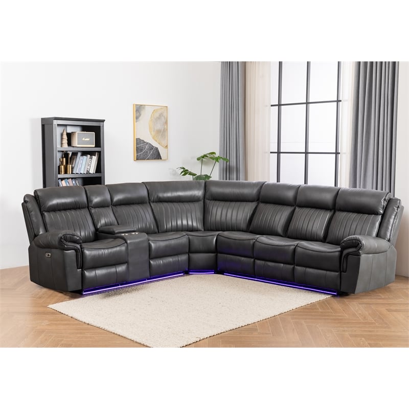 Power Reclining Sectional Faux Leather Sofa Speaker LED Strip Gray
