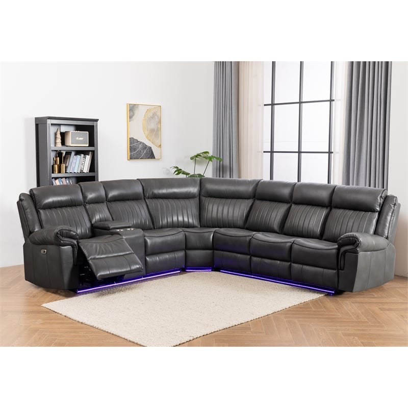 Power Reclining Sectional Faux Leather Sofa Speaker LED Strip Gray