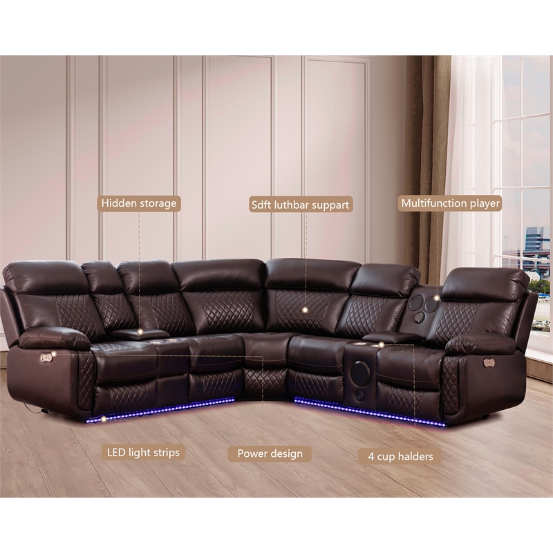 GOOEEN Power Reclining Sofa Brown Faux Leather Living Room Set Bluetooth Speaker