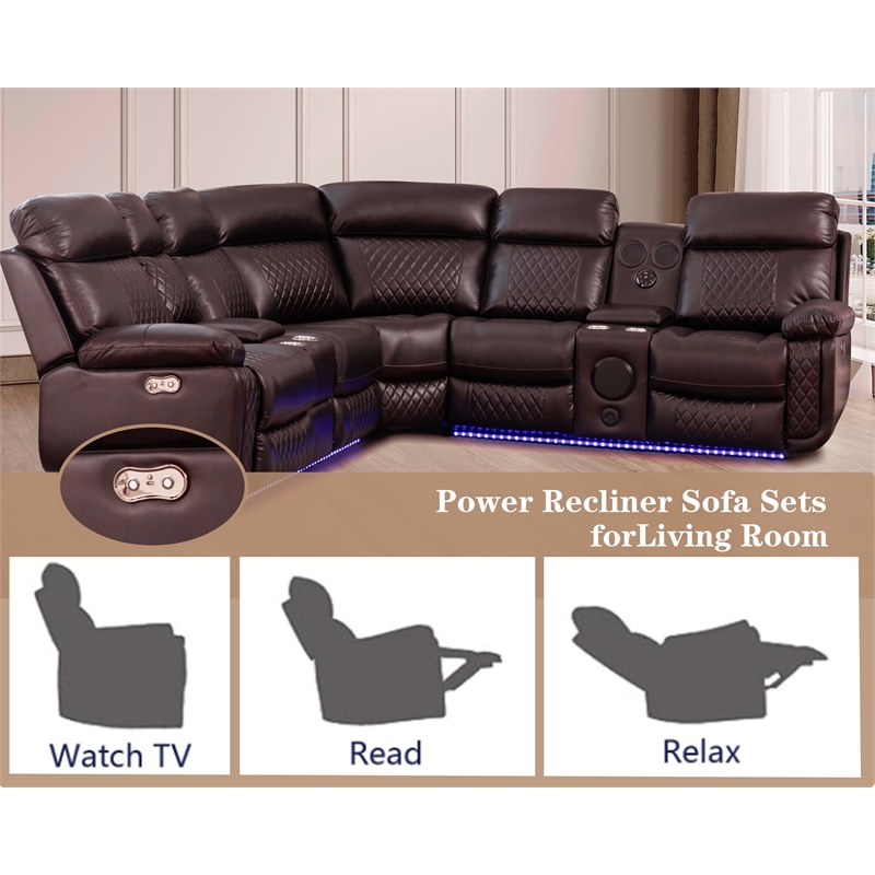 GOOEEN Power Reclining Sofa Brown Faux Leather Living Room Set Bluetooth Speaker