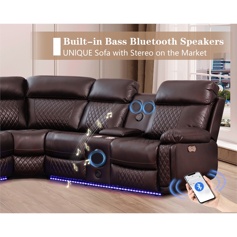 GOOEEN Power Reclining Sofa Brown Faux Leather Living Room Set Bluetooth Speaker