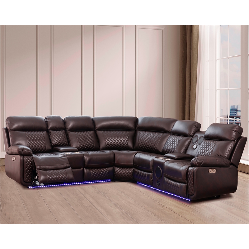 GOOEEN Power Reclining Sofa Brown Faux Leather Living Room Set Bluetooth Speaker