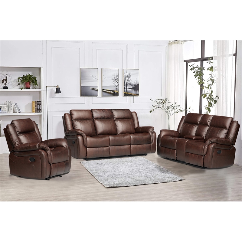 3-Piece Living Room Set Faux Leather Reclining Sofa Set & Drop Down Table Brown