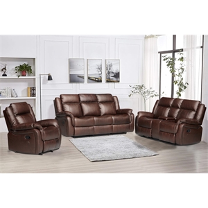 3-Piece Reclining Sofa Set Faux Leather Living Room Set w/ Drop Down Table & Storage & Cup Holders Brown