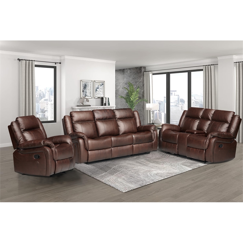 3-Piece Living Room Set Faux Leather Reclining Sofa Set & Drop Down Table Brown