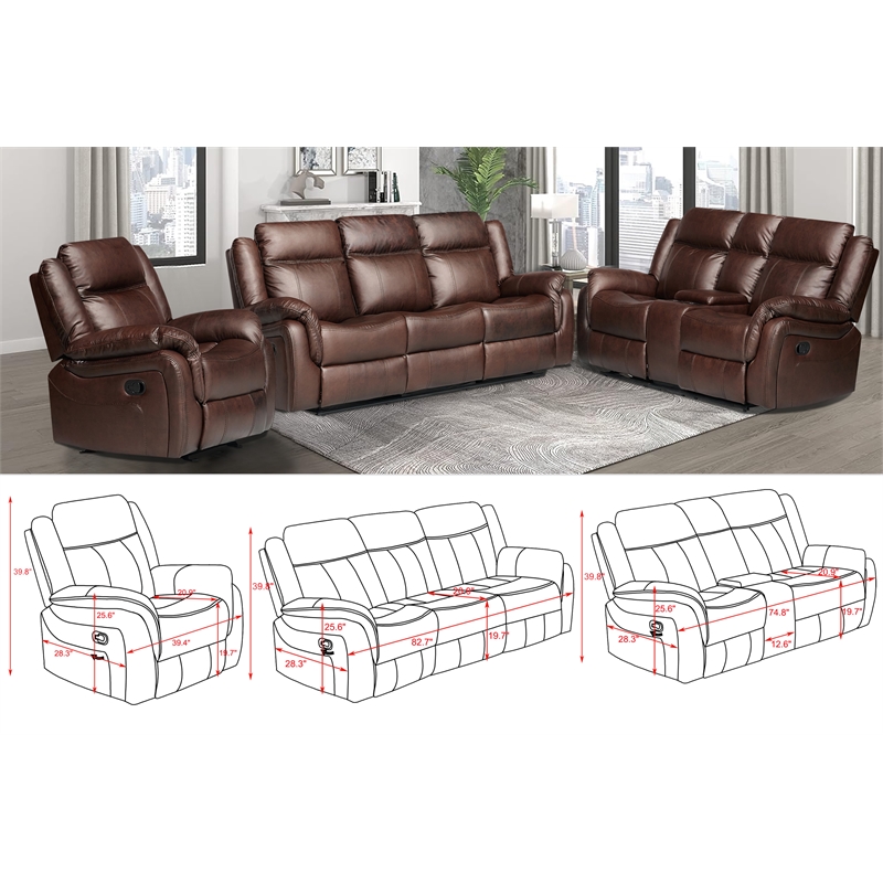 3-Piece Living Room Set Faux Leather Reclining Sofa Set & Drop Down Table Brown