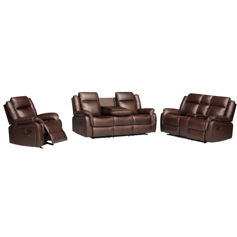 3-Piece Living Room Set Faux Leather Reclining Sofa Set & Drop Down Table Brown