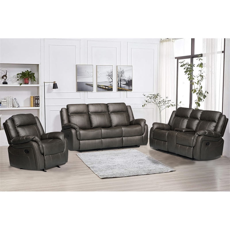 3-Piece Living Room Set Faux Leather Reclining  Sofa Set Drop Down Table Gray