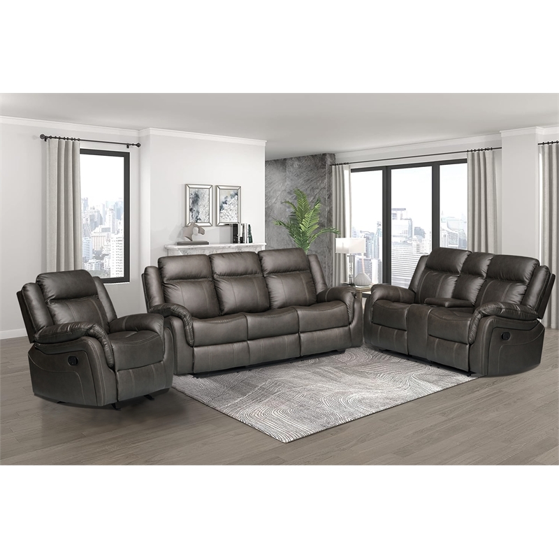 3-Piece Living Room Set Faux Leather Reclining  Sofa Set Drop Down Table Gray