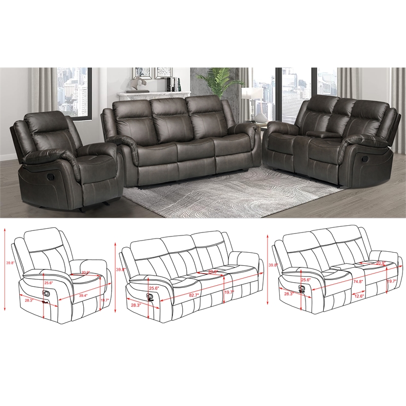 3-Piece Living Room Set Faux Leather Reclining  Sofa Set Drop Down Table Gray