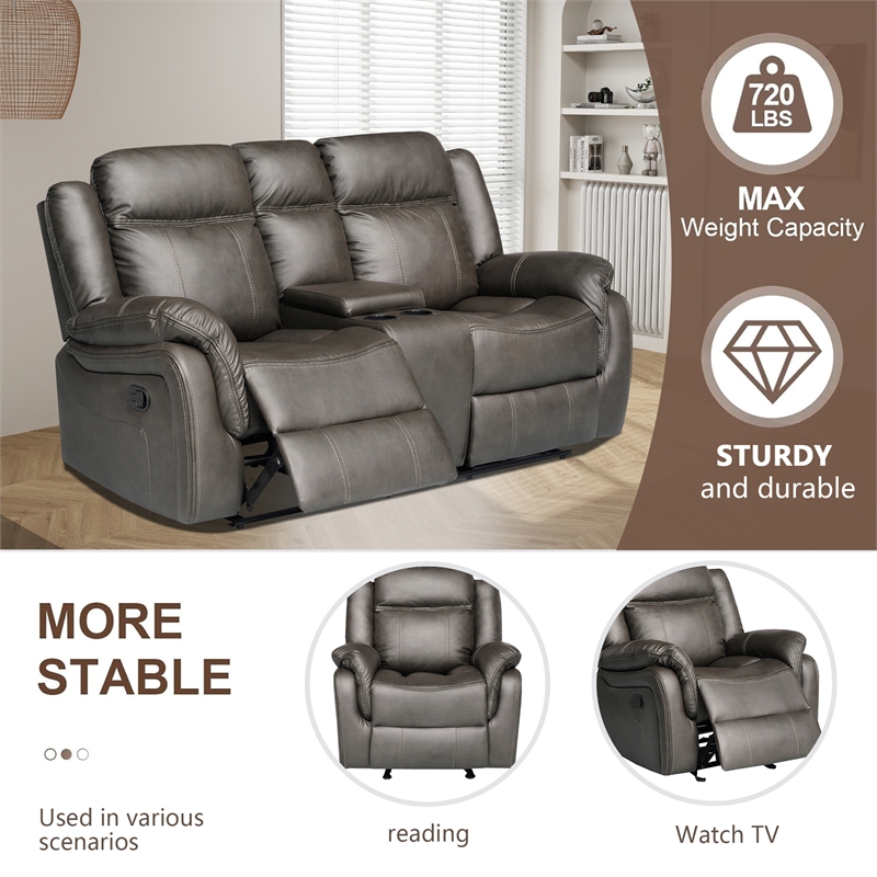 3-Piece Living Room Set Faux Leather Reclining  Sofa Set Drop Down Table Gray