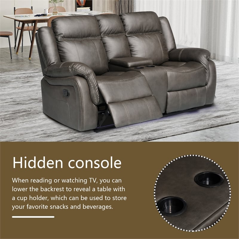 3-Piece Living Room Set Faux Leather Reclining  Sofa Set Drop Down Table Gray