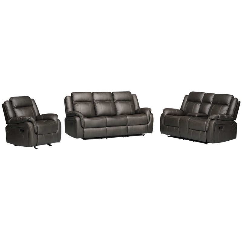 3-Piece Living Room Set Faux Leather Reclining  Sofa Set Drop Down Table Gray