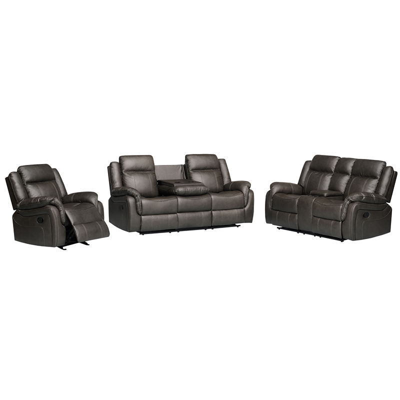 3-Piece Living Room Set Faux Leather Reclining  Sofa Set Drop Down Table Gray