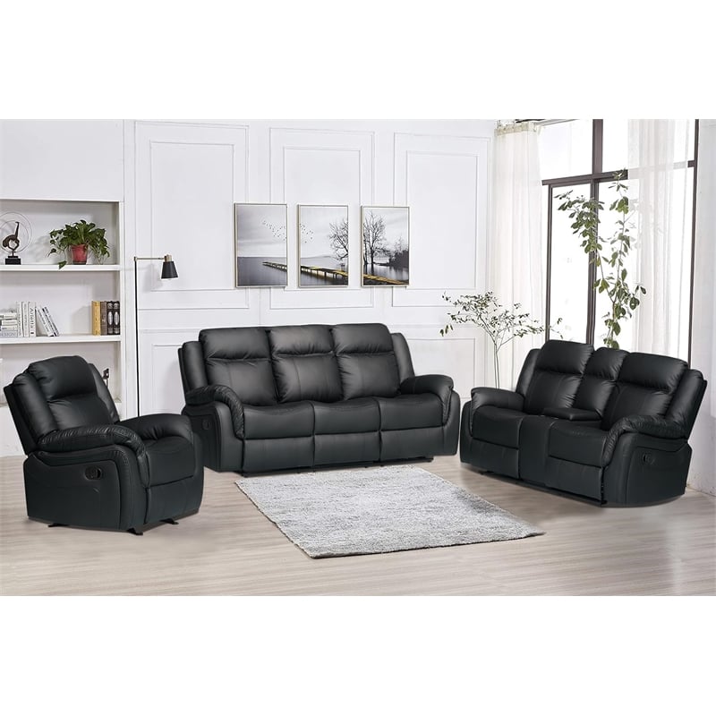 3-Piece Living Room Set Faux Leather Reclining Sofa Set Drop Down Table Black