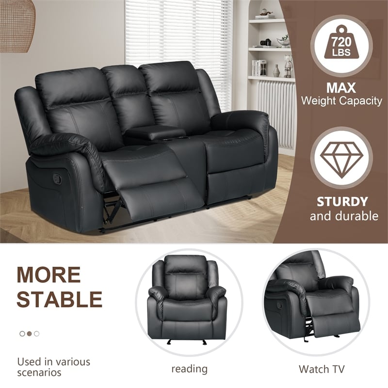 3-Piece Living Room Set Faux Leather Reclining Sofa Set Drop Down Table Black