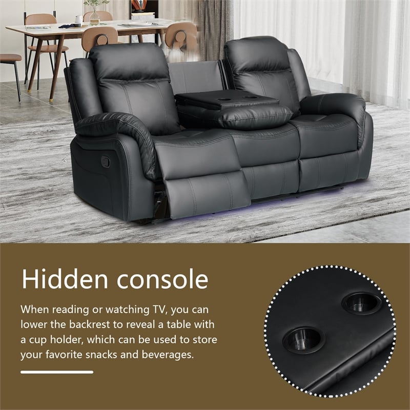 3-Piece Living Room Set Faux Leather Reclining Sofa Set Drop Down Table Black