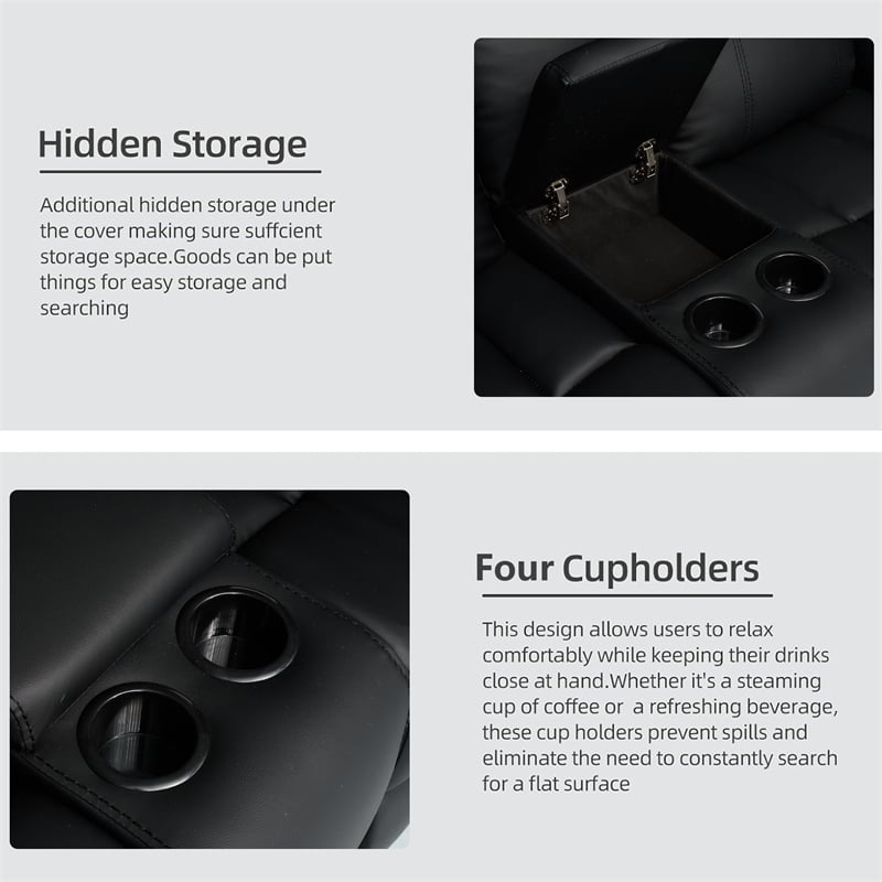 3-Piece Living Room Set Faux Leather Reclining Sofa Set Drop Down Table Black