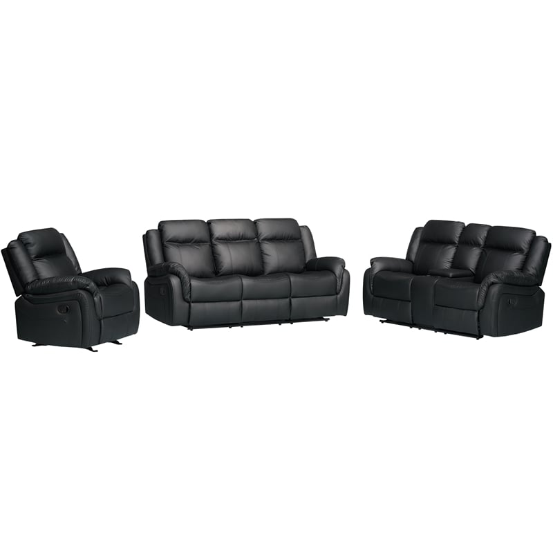 3-Piece Living Room Set Faux Leather Reclining Sofa Set Drop Down Table Black