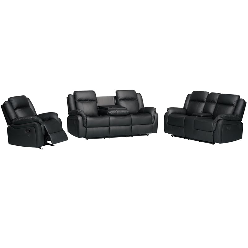 3-Piece Living Room Set Faux Leather Reclining Sofa Set Drop Down Table Black