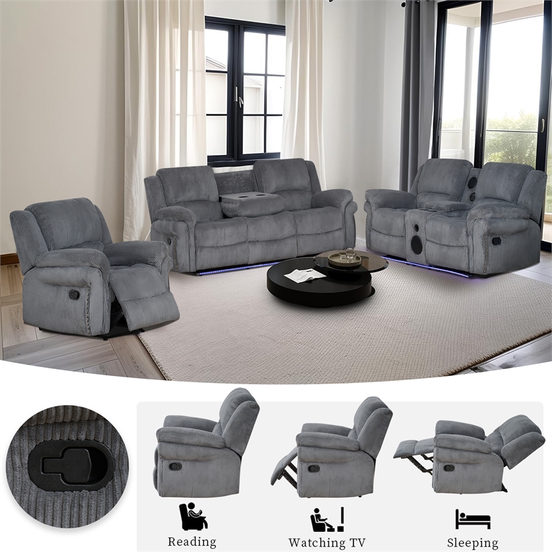3-Piece Reclining Living Room Set Fabric Modern Sofa Set Led & Speaker Gray
