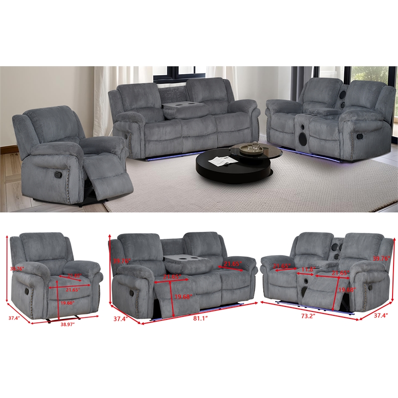 3-Piece Reclining Living Room Set Fabric Modern Sofa Set Led & Speaker Gray