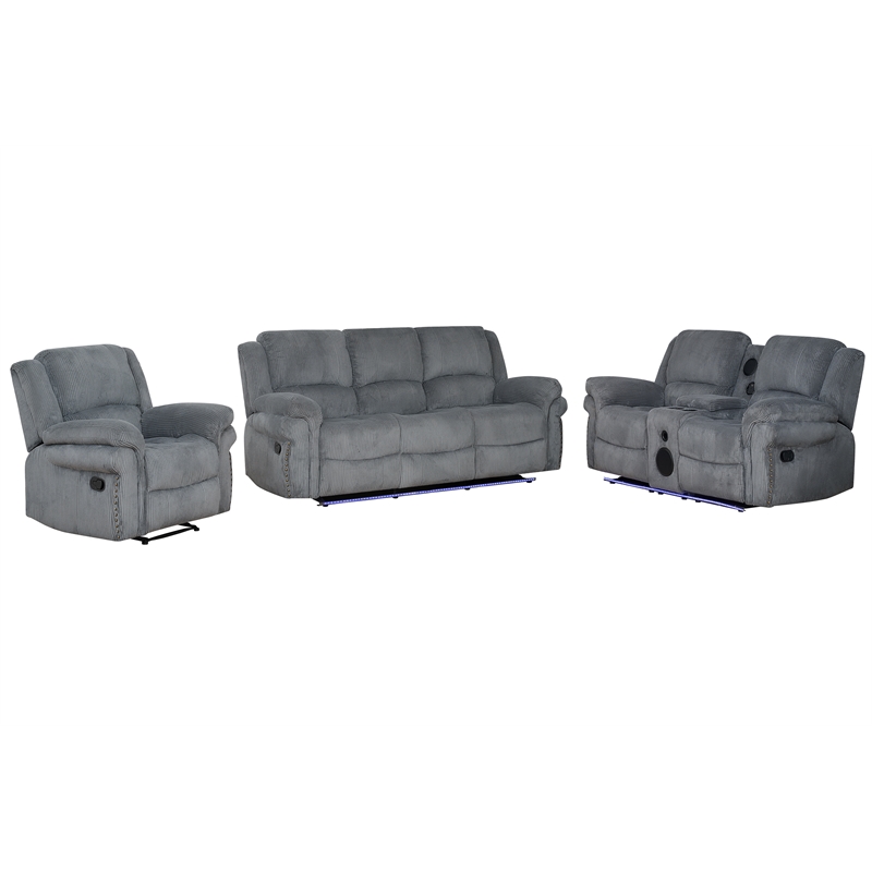 3-Piece Reclining Living Room Set Fabric Modern Sofa Set Led & Speaker Gray