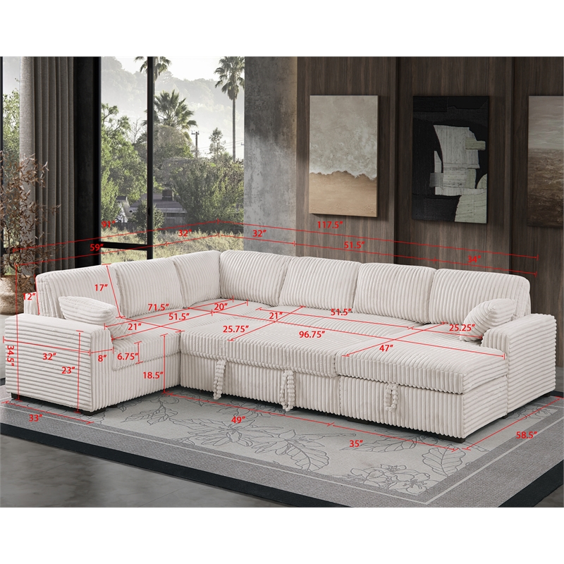 Modern Sleeper Sofa Set with Pull Out Bed Storage Chaise Fabric Beige