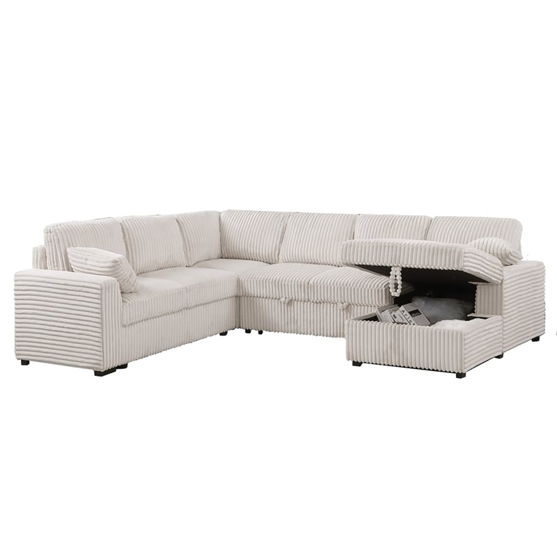 Modern Sleeper Sofa Set with Pull Out Bed Storage Chaise Fabric Beige