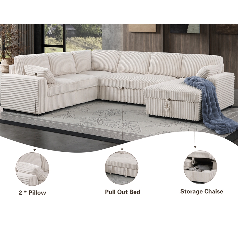 Modern Sleeper Sofa Set with Pull Out Bed Storage Chaise Fabric Beige