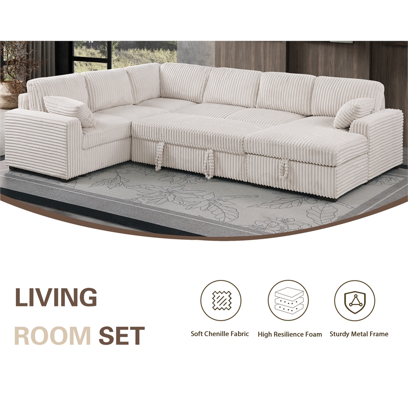 Modern Sleeper Sofa Set with Pull Out Bed Storage Chaise Fabric Beige