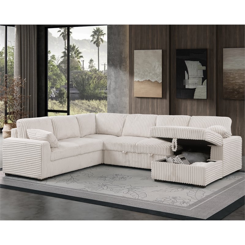 Modern Sleeper Sofa Set with Pull Out Bed Storage Chaise Fabric Beige