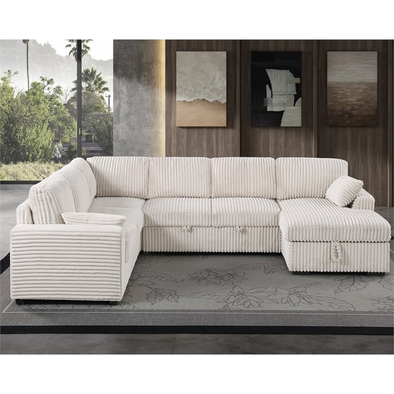 Modern Sleeper Sofa Set with Pull Out Bed Storage Chaise Fabric Beige