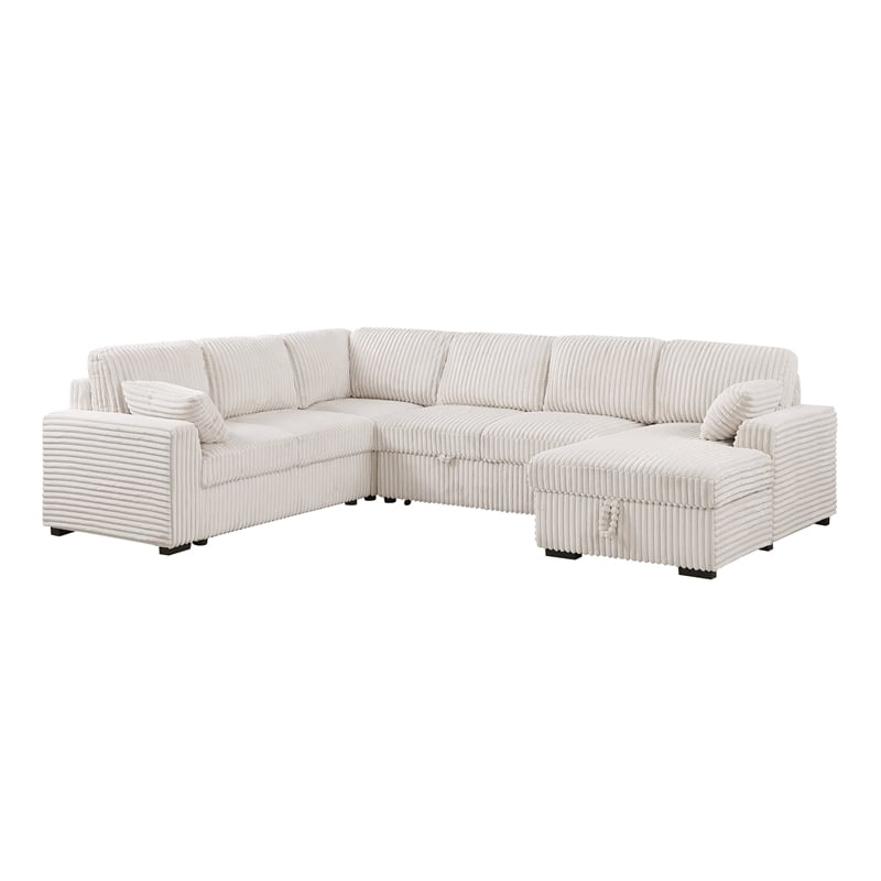 Modern Sleeper Sofa Set with Pull Out Bed Storage Chaise Fabric Beige