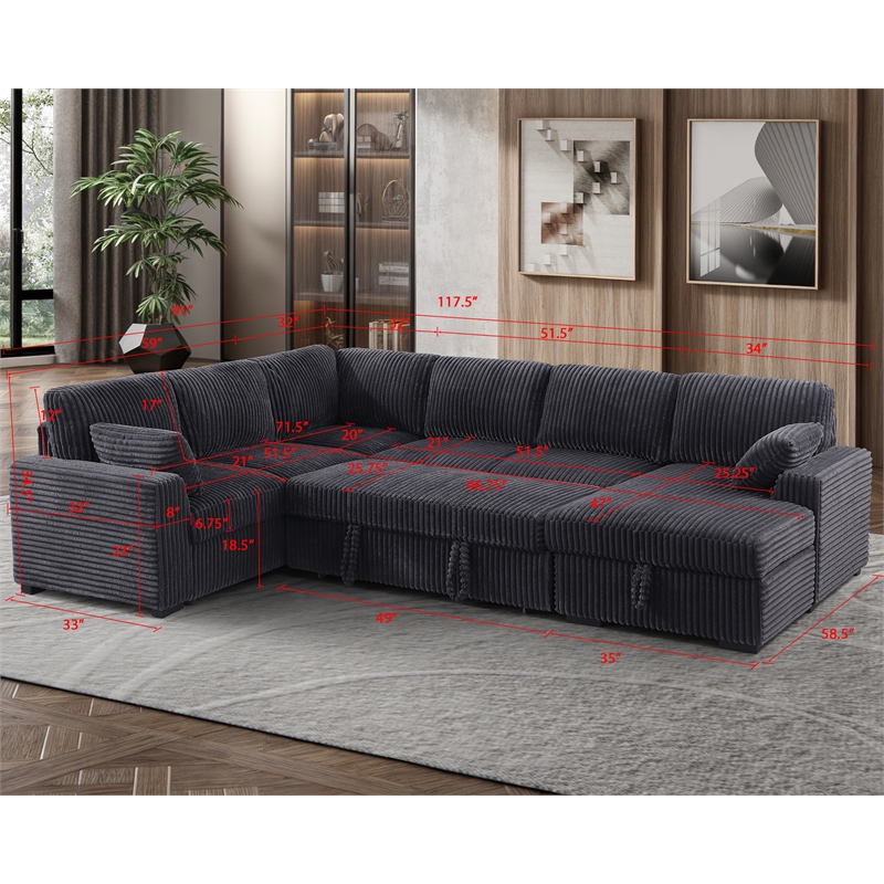 Modern Sleeper Sofa Set with Pull Out Bed Storage Chaise Fabric Dark Gray