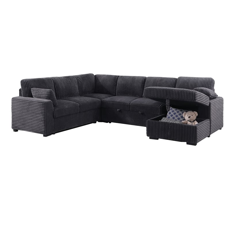 Modern Sleeper Sofa Set with Pull Out Bed Storage Chaise Fabric Dark Gray