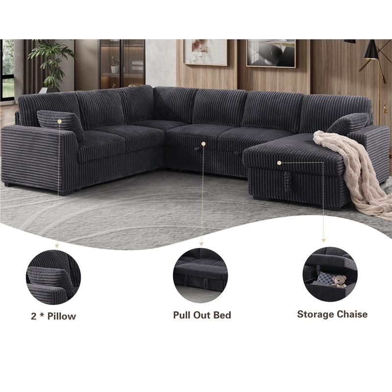 Modern Sleeper Sofa Set with Pull Out Bed Storage Chaise Fabric Dark Gray