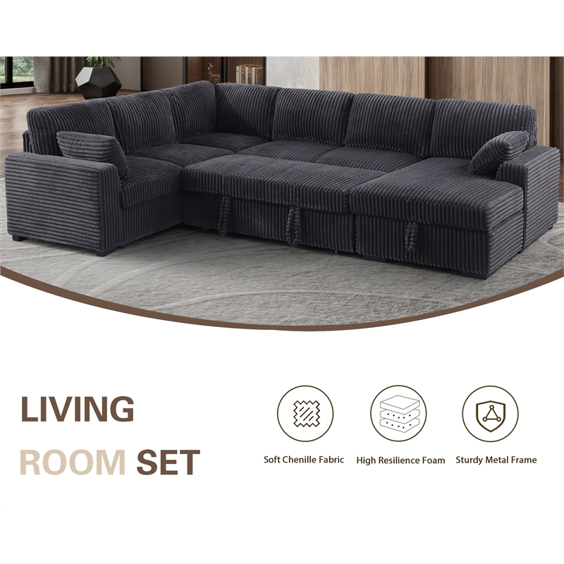 Modern Sleeper Sofa Set with Pull Out Bed Storage Chaise Fabric Dark Gray