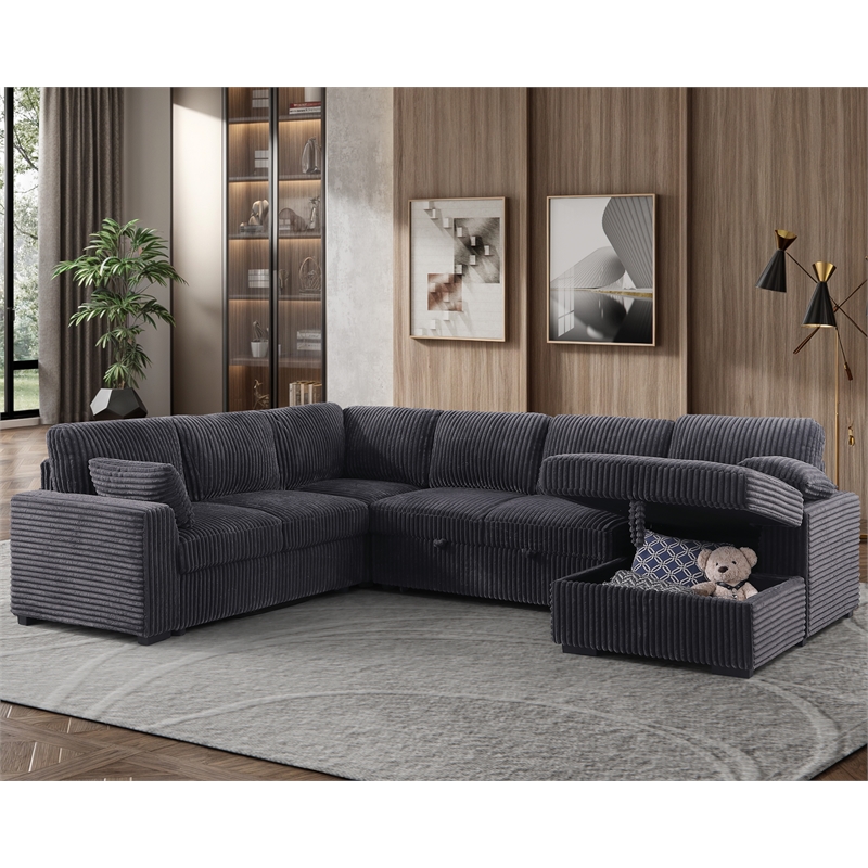 Modern Sleeper Sofa Set with Pull Out Bed Storage Chaise Fabric Dark Gray